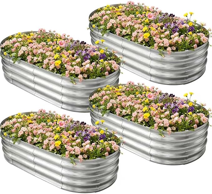 Galvanized Raised Garden Bed for Outdoor: 4X2X1ft Durable Metal Vegetable Plant Container Kit - Oval Planter Box for Gardening Flower Trough (4 Pack) Rootora