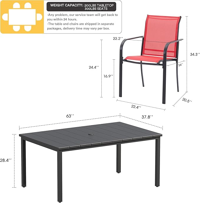 VICLLAX Patio Dining Set for 6, Outdoor Furniture Set Includes 63" Rectangle Patio Table and 6 Patio Sling Chairs, Outdoor Table and Chairs for Outsides, Black Tabletop and Red Fabric HOME