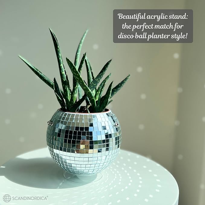 SCANDINORDICA Disco Ball Planter – Value Package: Mirror Disco Planter with Chain, Macrame Hanger and Acrylic Stand for Desk, Includes Self Watering Insert, Disco Ball Decor | 6 inch Silver SCANDINORDICA