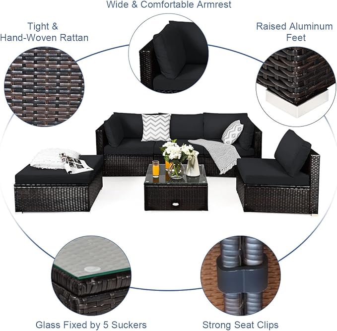 Tangkula 6 Piece Patio Furniture Set, Outdoor Deck Lawn Backyard Durable Steel Frame PE Rattan Wicker Sectional Sofa Set, Conversation Set with Coffee Table (Black) TANGKULA