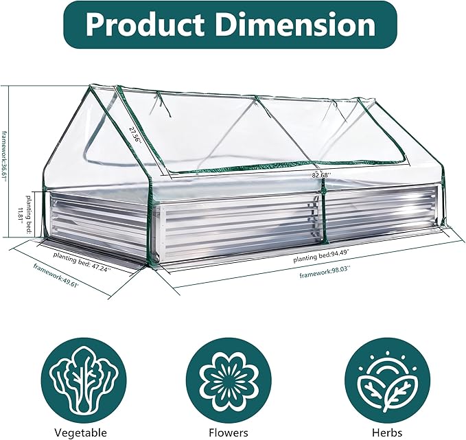 DUMOS Raised Garden Bed with Cover, 8x4x1ft Planter Box Outdoor for Deep-Rooted Herbs/Flowers/Vegetables, Extra Large Metal Garden Bed Mini Greenhouse for Patio, Balcony and Backyard, Silver DumosLifestyle