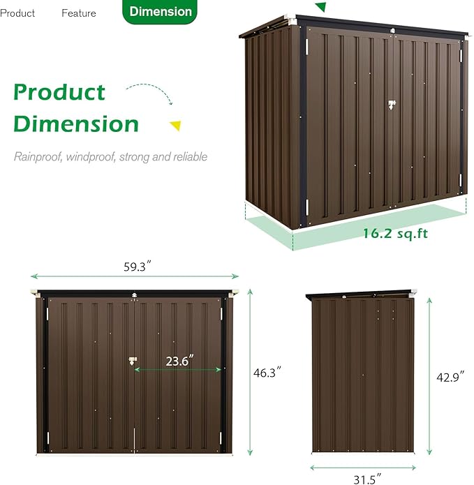 AECOJOY Outdoor Trash Can Storage, 46 Cu.Ft Outdoor Garbage Can Storage Shed, Horizontal Storage Cabinet Waterproof, Bicycle Sheds & Outdoor Storage Clearance in Brown AECOJOY