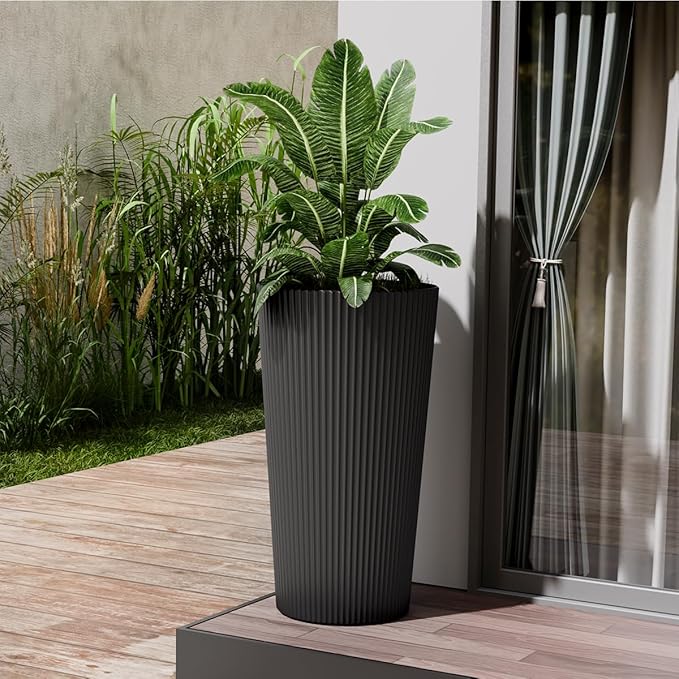 23.6" Tall Planters for Outdoor Plants,Large Outdoor Planters for Front Porch Decor with Drainage Hole, Flower Pots Fits Indoor Plants Patio/Garden, Plastic Striped Black (2 Pack) Outdoorchairs