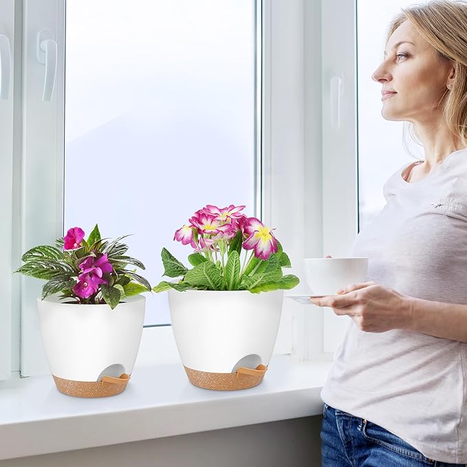 Plant Pots 8/7/6.5/6/5.5/5 Inch Self Watering Pots, Set of 6 Plastic Planters with Drainage Holes and Saucers,Plastic Flower Pots,Nursery Planting Pot for Indoor Out Door Plants(White) QRRICA