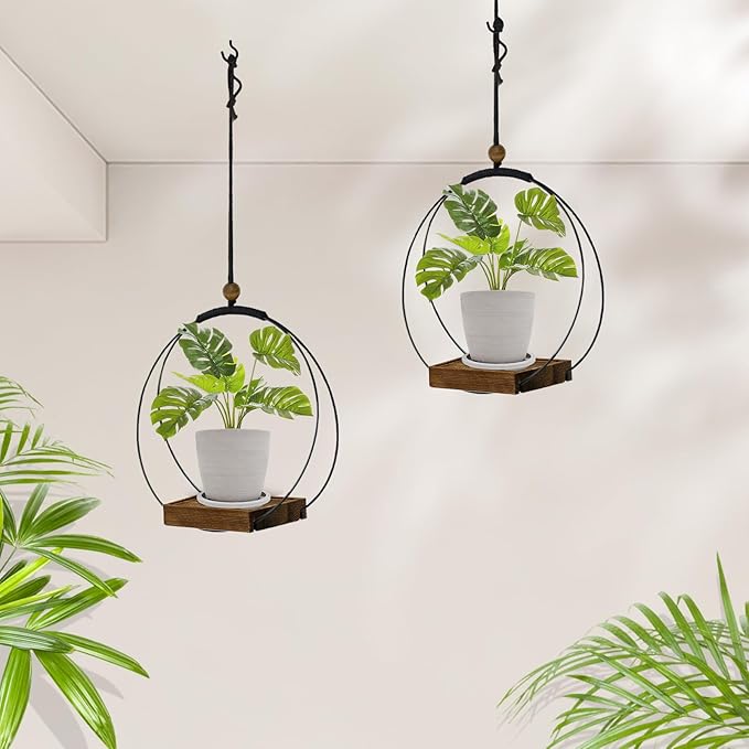 Hanging Planter for Indoor Plants,Plant Hanger with Sturdy Wood Base & Pot, Modern Boho Macrame Plant Hanger,Wall Ceiling Window Stands(2 Pack+Pots) hismocal