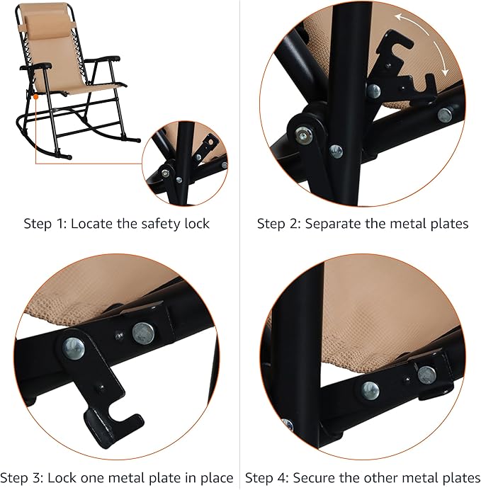 Amazon Basics Outdoor Portable Folding Rocking Chair with Headrest, Ergonomic Design, Weather-resistant Patio Reclining Lounge Chair for Porch, 33.6 x 37.4 x 26 inch, Beige AmazonBasics