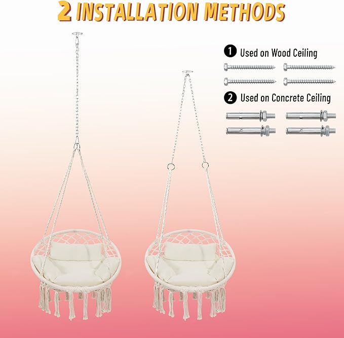 Macrame Hammock Hanging Swinging Chair with Medium Cushion, Perfect for Bedroom, Porch, Adults, Balcony, Beige KROFEM
