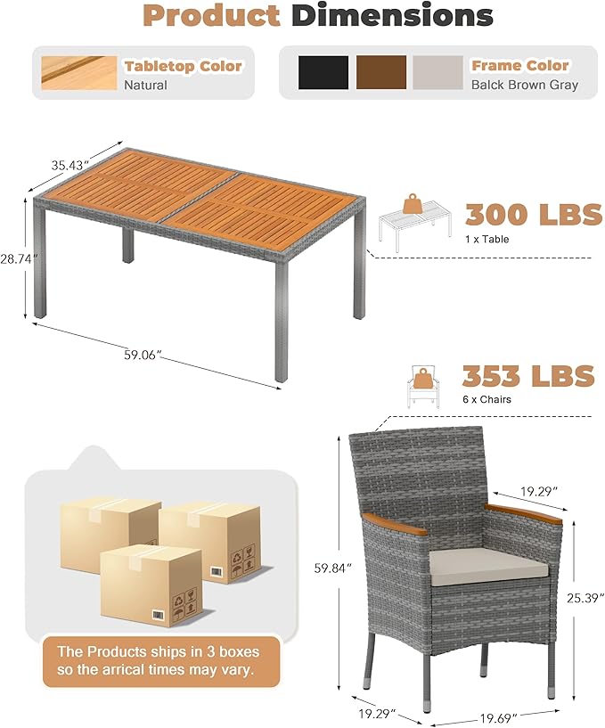 Flamaker 7 Piece Patio Dining Set Outdoor Acacia Wood Table and Chairs with Soft Cushions Wicker Patio Furniture for Deck, Backyard, Garden (Grey) Flamaker