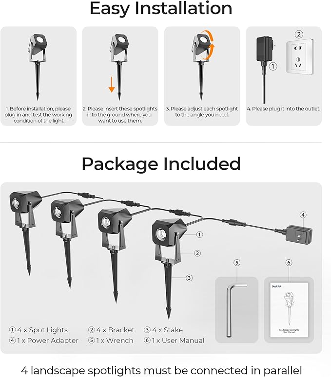 Outdoor Landscape Lighting, 4 Pack Outdoor Spotlights, LED Landscape Lights for House Yard Garden Lawn Tree Fence Plant Flags Pathway, 12V 2700K Warm White, IP65 Waterproof DeckTokLight