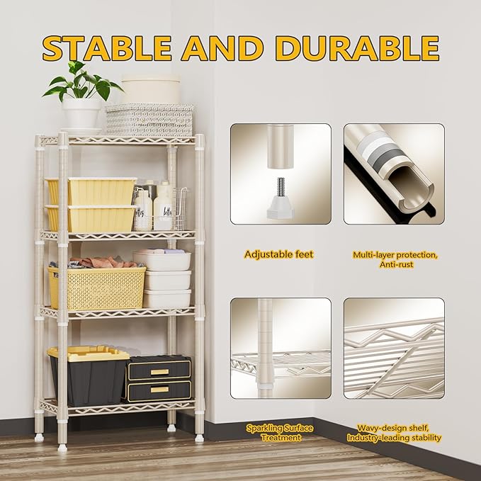 1000 lbs 4-Shelf Standing Storage Shelves Heavy Duty Metal Shelving Unit Adjustable Wire Rack for Office Garage Kitchen, Light Tan 11.8 D x 23.6" W x 47.5" H MEIGAOPLASTICANDMETALHKCOLIMITED