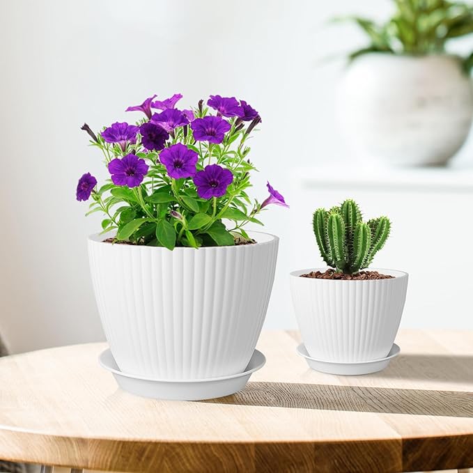 7/6.2/5.5/5/4.5/4 inch Plant Pots, 6 Pack Flower Pots for Small Indoor Outdoor Plants, Plastic Planters with Drainage Holes and Saucers for Garden Succulent House Plants, White Meowell