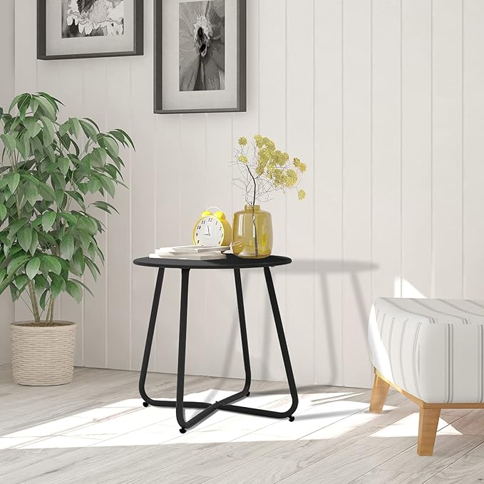 Patio Small Side Table Waterproof Round Metal Steel Weather Resistant Portable Outdoor and Indoor End Table for Garden Balcony Yard, Black Meluvici