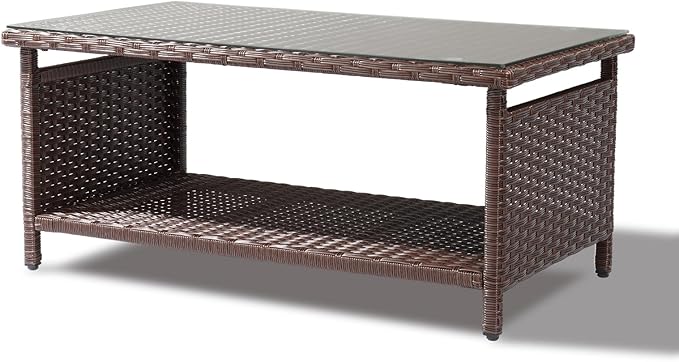 VINGLI Outdoor Wicker CoffeeTable Patio Coffee Tables for Outside, Tempered Glass Top Wicker Table with Storage Coffee Table for Patio Balcony Porch Deck (Brown) VINGLI