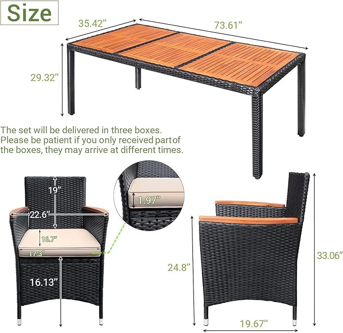 Devoko Outdoor Patio Dining Sets 9 Pieces Wicker Outdoor Dining Table and Chairs Set with Acacia Wood Table Top and Widened Armrests for Backyard, Garden, Deck (Black) DEVOKO