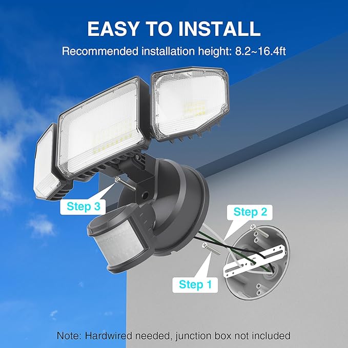 85W Motion Sensor Outdoor Light, 8500LM Ultra-Bright LED Security Light with 3 Adjustable Heads, IP65 Waterproof Dusk to Dawn Flood Light for Garage, Yard, and Driveway, 6500K Daylight, Black Abovizo