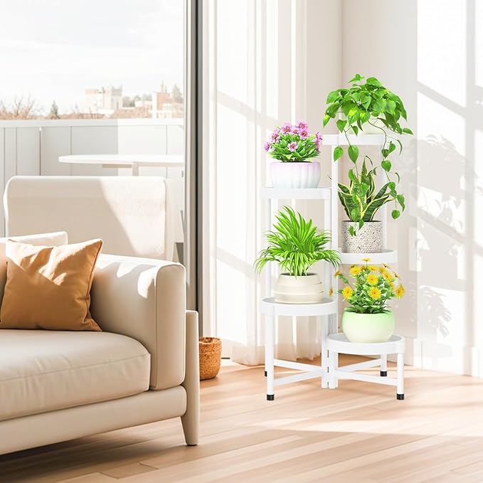 iDavosic.ly 5 Tier Folding Plant Stand Indoor Outdoor with Plastic Tray, Tiered Corner Flower Holder Shelf, Metal Orchid Display Rack for Patio Porch Living Room Garden Balcony, White iDavosicly