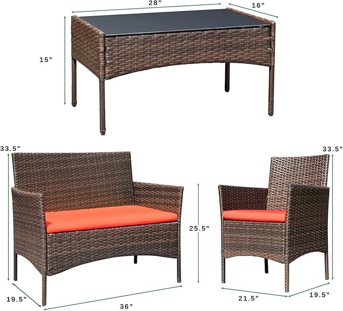 Greesum Patio Furniture 4 Pieces Conversation Sets Outdoor Wicker Rattan Chairs Garden Backyard Balcony Porch Poolside loveseat with Soft Cushion and Glass Table, Brown and Red BuynowfromGreesum