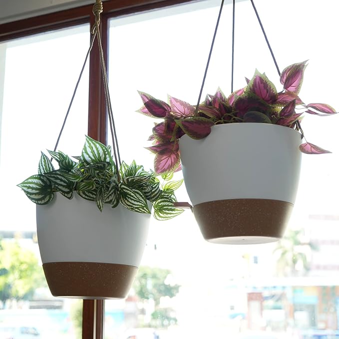 10 Inch Self Watering Hanging Pots, 2 Pack Hanging Planters with 40oZ Deep Reservior for Indoor Outdoor Plants Flowers, White with Brown SwinDuck