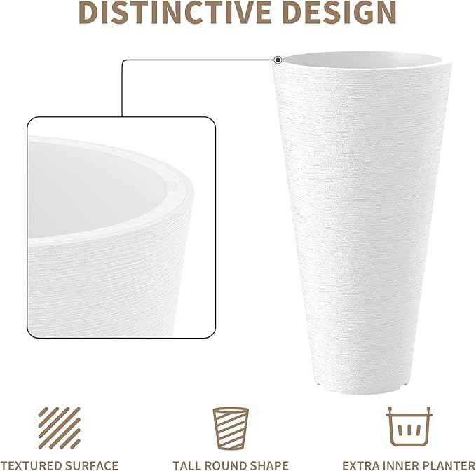 Kante Tall Round Planter Set of 2, 18 Inch Tall Decorative Planter Pots for Outdoor Indoor Garden Patio Front Porch (White) Kante