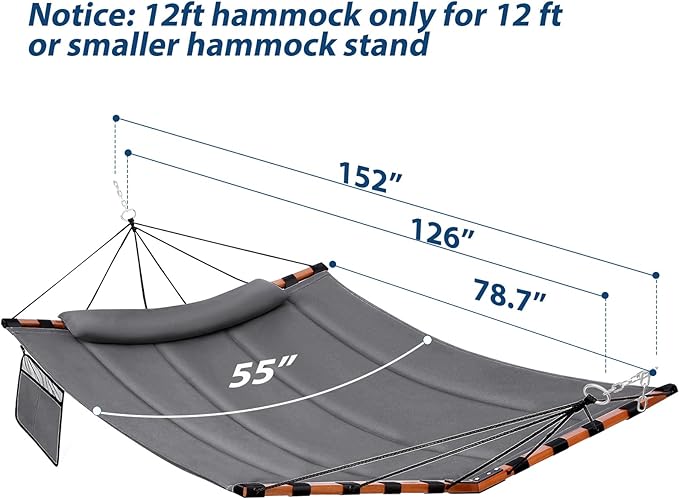 TegerDeger 12FT 2 Person Hammock Large Hammock 450LB Capacity with V Shaped Hardwood Spreader Bar & Nylon Rope for Outside, Patio, Garden, Backyard, Beach, Poolside - Gray Tegerdeger