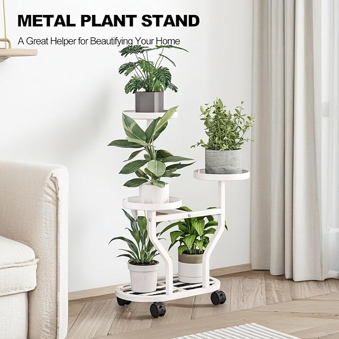 Plant Stand with Wheels 3 Tier Metal Plant Holder Corner Flower Shelf for Multiple Plants Display Rack for Bedroom Living Room Balcony Garden White (White, 3 Tier) YIZAIJIA
