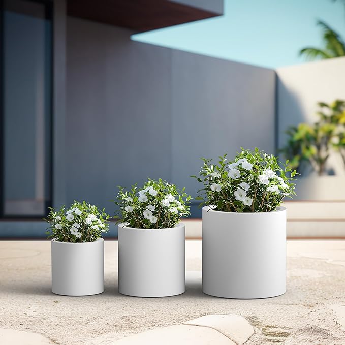 Kante RC0119ABC-C80011 Set of 3 Lightweight Concrete Modern Cylinder Outdoor Planters, 15.8, 12.9 and 9.8 Inch Diameter, Pure White Kante