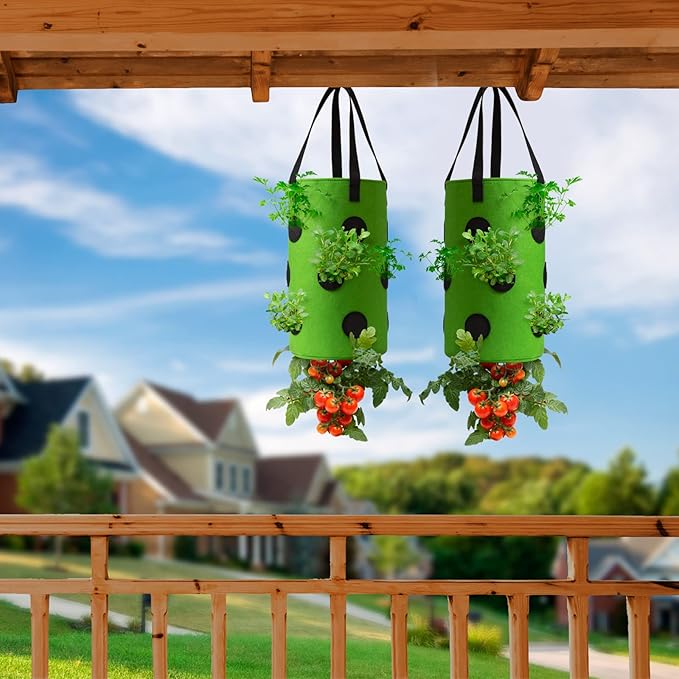 2 Pack Green Upside Down Tomato & Herb Planter, Outdoor Hanging Durable Aeration Fabric Strawberry Planter Bags Homyhoo