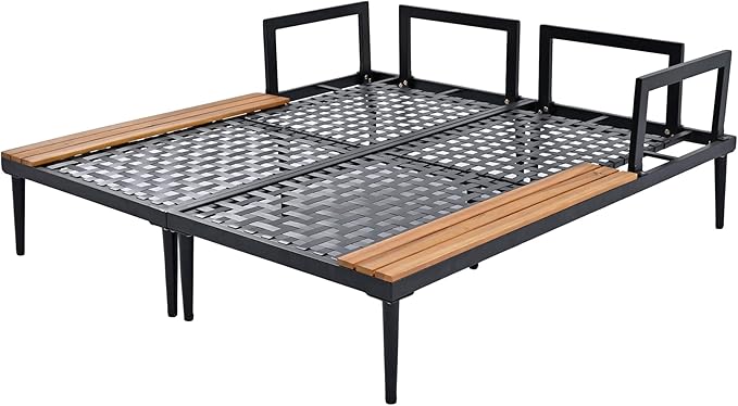 Outdoor Double Metal Daybed, with Wood Topped Side for Drinks, 2 in 1 Padded Sun Lounger with Cushions & Pillows, Patio Chaise Lounge Chair for Poolside Lawn Garden, Gray RuiSiSi