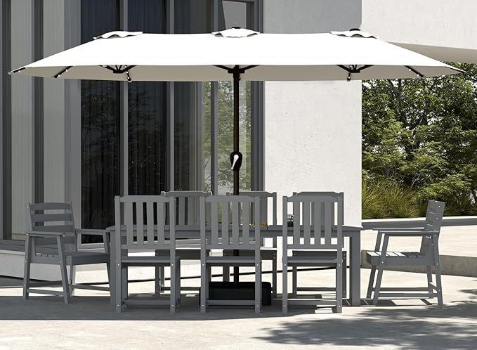 9-Piece Grey Outdoor Dining Set with White 15FT Large Patio Umbrella, 75.2'' HDPE Table & Chairs for 8, Weather-Resistant Furniture with Umbrella Hole for Patio, Lawn, Poolside PatioKingdom