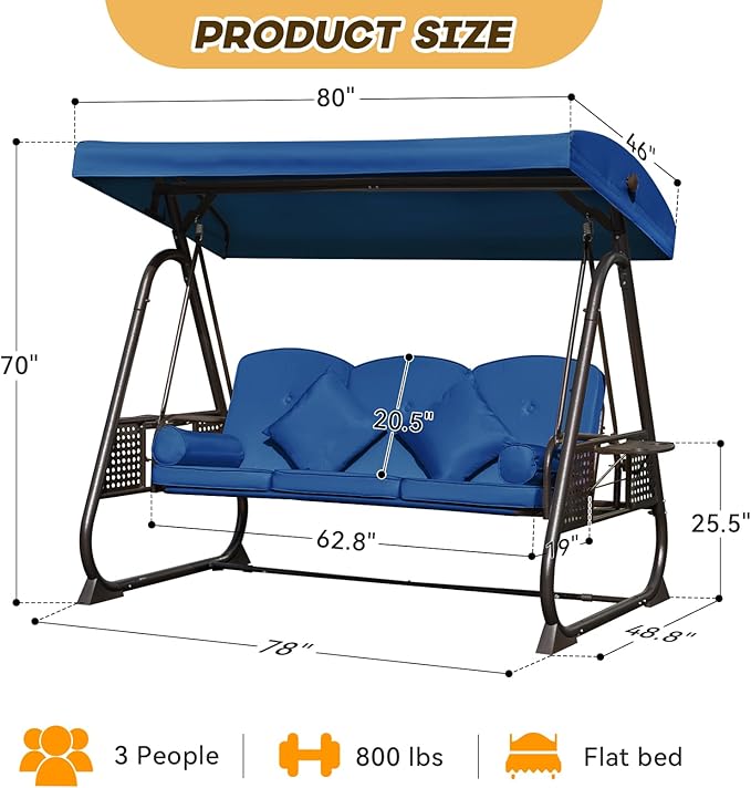 3 in 1 Outdoor Porch Swing with Adjustable Canopy, 3 Seat Outdoor Swing for Adults, Patio Swing Chair with Thickened Cushions,Pillows & Cup Holders for Backyard, Porch, Garden (Blue) YALISSEY