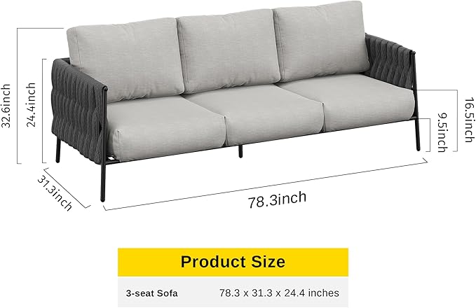 EAST OAK Life Chatter Outdoor Sofa, Outdoor Furniture 3 Seats with Waterproof Thick Cushions, Modern Patio Sofa Deep Seating for Outdoor Garden Porch Blackyard, Earth Black & Misty Grey EASTOAK
