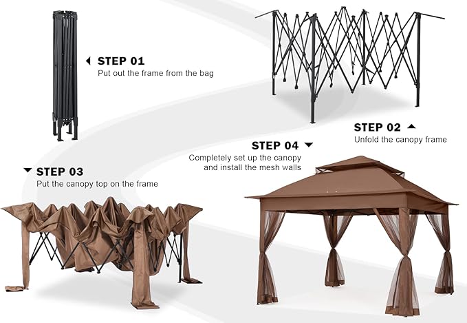 COOSHADE 11x11 Pop Up Gazebo Tent Outdoor Canopy Patio Shelter with Mosquito Netting(Brown) COOSHADE