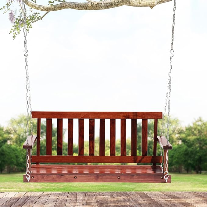 Outdoor Wooden Porch Swing 4Ft Patio Porch Swing Bench 800 LBS Load-Bearing Capacity Swing Chair Two-Person Seating with Adjustable Hanging Chains, Durable Swing Bench for Courtyard, Garden, Backyard FDW