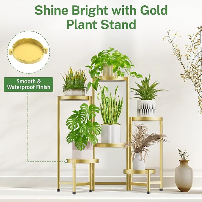 iDavosic.ly Plant Stand Indoor Outdoor, 6 Tier Corner Metal Flower Display Holder Shelf, Easy Assembly Folding Tall Orchid Rack for Patio Balcony Porch Garden Living Room House, Gold iDavosicly