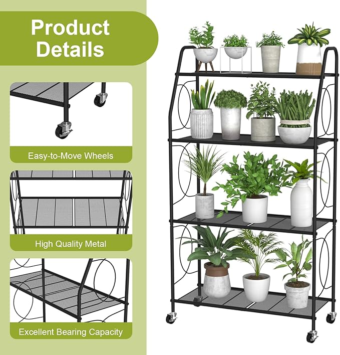 4 Tier Plant Stand with Wheels, Plant Shelf for Indoor Outdoor, Heavy Duty Metal Tall Plant Stands Holder Rack for Living Room Balcony and Garden, Black VyGrow