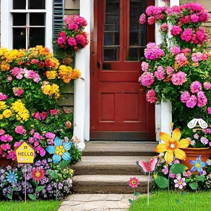 hogardeck Garden Decor for Outside, Set of 10 Metal Flowers Decorative Garden Stakes for Spring Decor, Gardening Gifts for Women Mom Grandma Wife, Yard Art Outdoor Lawn Porch Pathway Decorations HOGARDECK