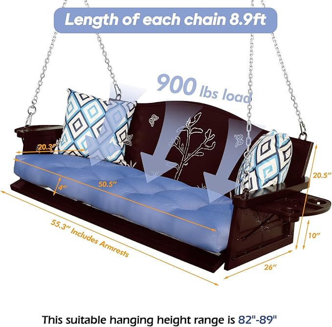 3-Seat Metal Porch Swing 900 LBS Heavy Duty Hanging Bench with Upgraded Tray & Cushions Rust-Resistant Finish Swing Chair with 8.9FT Chains for Patio Lawn Garden zzw