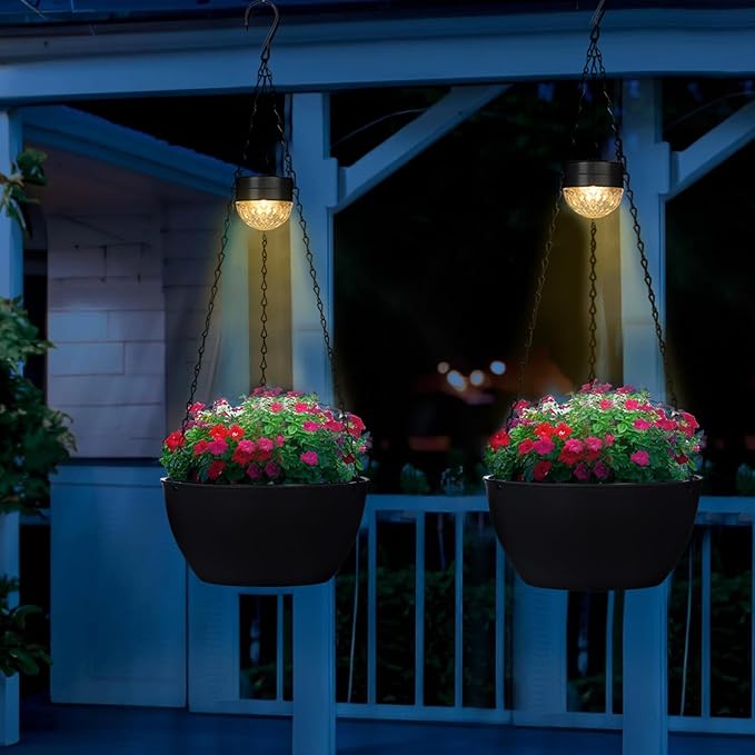 SUNNYPARK 2 Packs Hanging Planters Basket for Outdoor Plants, Solar Powered Self Watering Black Round Plastic Flower Pots with Drainer for Balcony Patio Garden Outdoor Decoration SUNNYPARK
