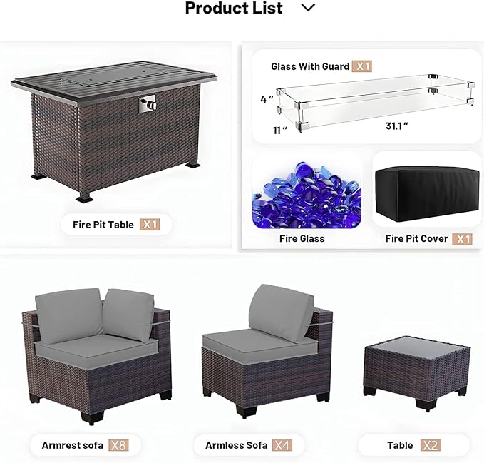 Kullavik 15PCS Outdoor Patio Furniture Set with 43" 55000BTU Gas Propane Fire Pit Table PE Wicker Rattan Sectional Sofa Patio Conversation Sets w/8 Coner Sofas,Grey KULLAVIK