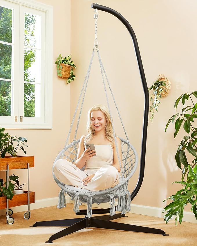 Greenstell Hammock Chair, Macrame Swing Chair with Comfy Cushion, Boho Hanging Chair for Outdoor & Indoor, Perfect for Bedroom, Patio, Balcony, Hold up to 330Lbs, Grey Greenstell