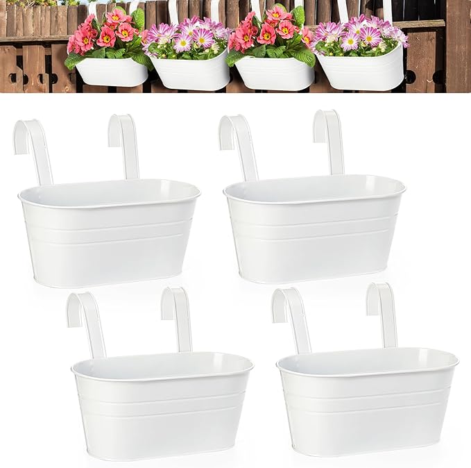 Foraineam 4 Pack Hanging Flower Pots, Metal Iron Plant Pot Holders, Large Fence Railing Balcony Garden Hanging Bucket Planters with Detachable Hooks for Indoor and Outdoor Decor Foraineam