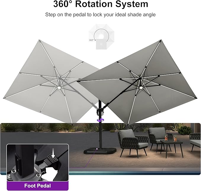 PURPLE LEAF 10 Feet Patio Umbrella with Base Outdoor Cantilever Solar Powered LED Swivel Square Umbrella Aluminum Offset Umbrella with 360-degree Rotation for Garden Deck Pool Patio White PURPLELEAF