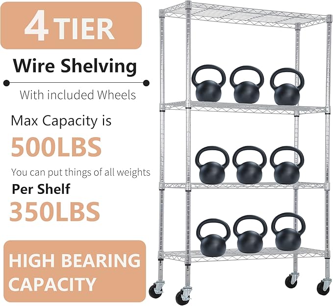 BestOffice | 4-Tier Wire Storage Shelves with Wheels | 36x14x62 | Chrome | Adjustable Racks | Heavy-Duty Metal Shelf, Holds Upto 500 lbs | No-Tool Assembly | Ideal for Home & Garage Shelving BestOffice