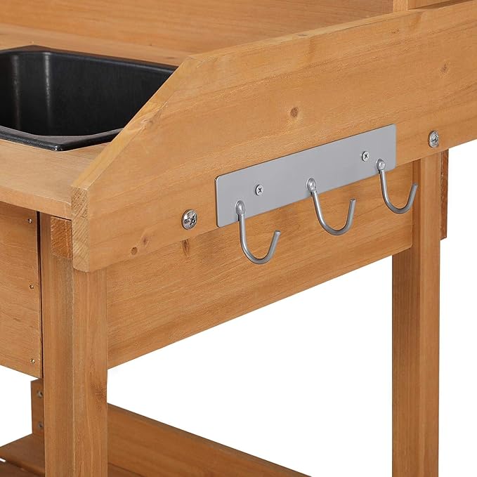 Yaheetech Potting Bench Outdoor Garden Work Bench Station Planting Solid Wood Construction for Horticulture w/Sink Drawer Rack Shelves Natural Wood Yaheetech