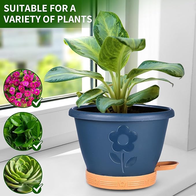 Plant Pots, Flower Pots for Indoor/Outdoor Plants, Self Watering Plastic Planters Pots with Drainage Holes, Saucer & Reservoir, Decorative Nursery Planting Pots(10 Inch Set of 4) Rootora