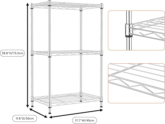 3 Tiers Shelf Metal Storage Shelves Wire Rack Closet Organizers with Wheel for Garage Kitchen Bathroom Laundry Chrome 11.8" D x 17.7" W x 28.8" H MEIGAOPLASTICANDMETALHKCOLIMITED