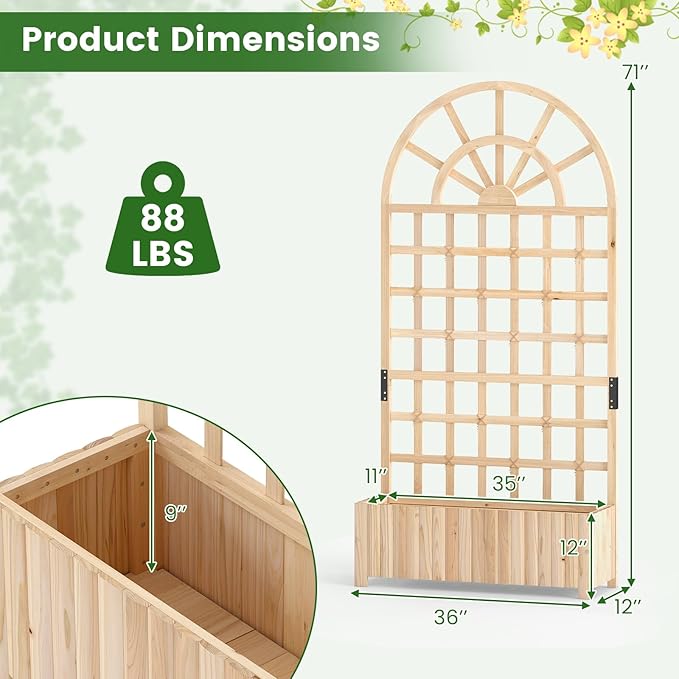 Giantex Wooden Raised Garden Bed with Arched Trellis, 71” Fir Wood Outdoor Elevated Planter Box Privacy Screen with Drainage Holes, Vertical Garden Bed for Climbing Plants, Patio Balcony Backyard Giantex