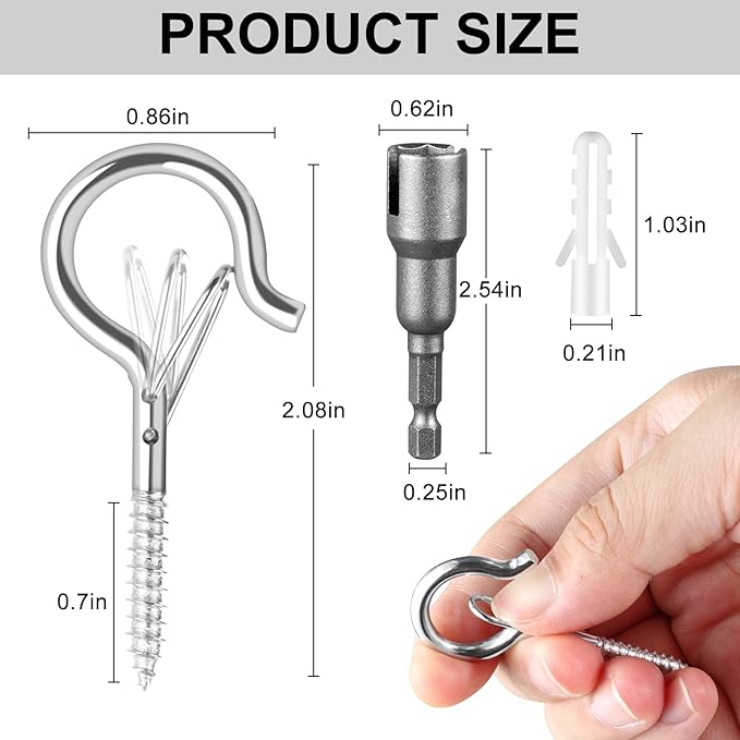 24 PCS Q-Hanger Hooks, Screw Hooks for Outdoor String Lights, Safety Buckle Design Cup Eye Hook for Hanging Christmas Lights, Plants, Mounted on Wall Ceiling, Include 1 Wing Nut Driver, Silver FSAH