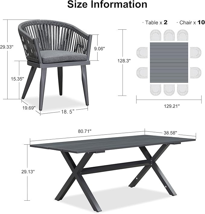 PURPLE LEAF 12 Pieces Outdoor Dining Set with Patio Aluminium Dining Table and Wicker Chairs Modern Furniture Cushions Sets for Backyard Indoor Decor Kitchen Gray PURPLELEAF