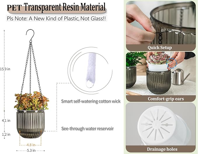 Melphoe 2 Pack Self Watering Hanging Planters Indoor Flower Pots, 5.3 Inch Outdoor Hanging Basket, Plant Hanger with 3Hooks Drainage Holes for Garden Home (Gray) Melphoe